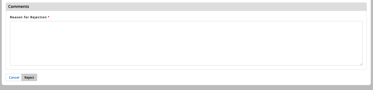 Invoice Rejection comments form with Reason for Rejection text area and Cancel / Reject buttons