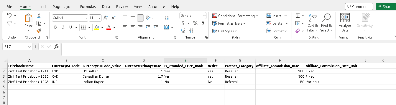 Sheet 2 (Products) — columns: Name, SKU, CurrencyISOCode, Scheduling, CategoryName, PricebookName, Image_Name, AssignedTo, AssignedType, Language, ListPrice, Active