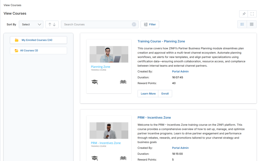 Course list in List View showing course details