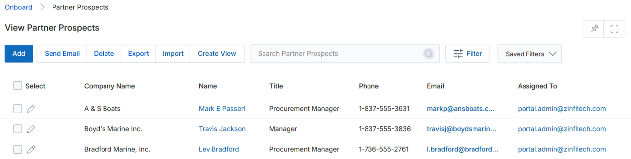 View Partner Prospects list showing Company Name, Name, Title, Phone, Email, and Assigned To columns