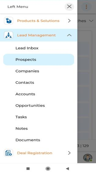 Prospects sub-menu selected and View Prospects list showing Company, Name, Title, Email, Email Verification, Favorite, Status