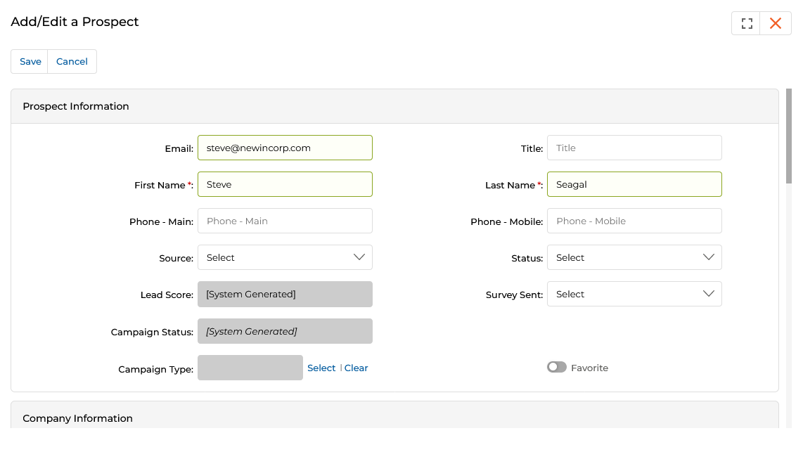 Add/Edit a Prospect form — Email, First Name, Last Name, Title, Phone, Source, Status, Lead Score, Campaign Type fields