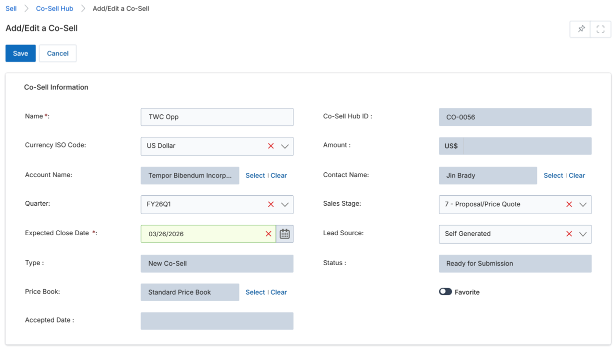 Add/Edit a Co-Sell form — filled with example data: TWC Opp, FY26Q1, Sales Stage 7, Ready for Submission