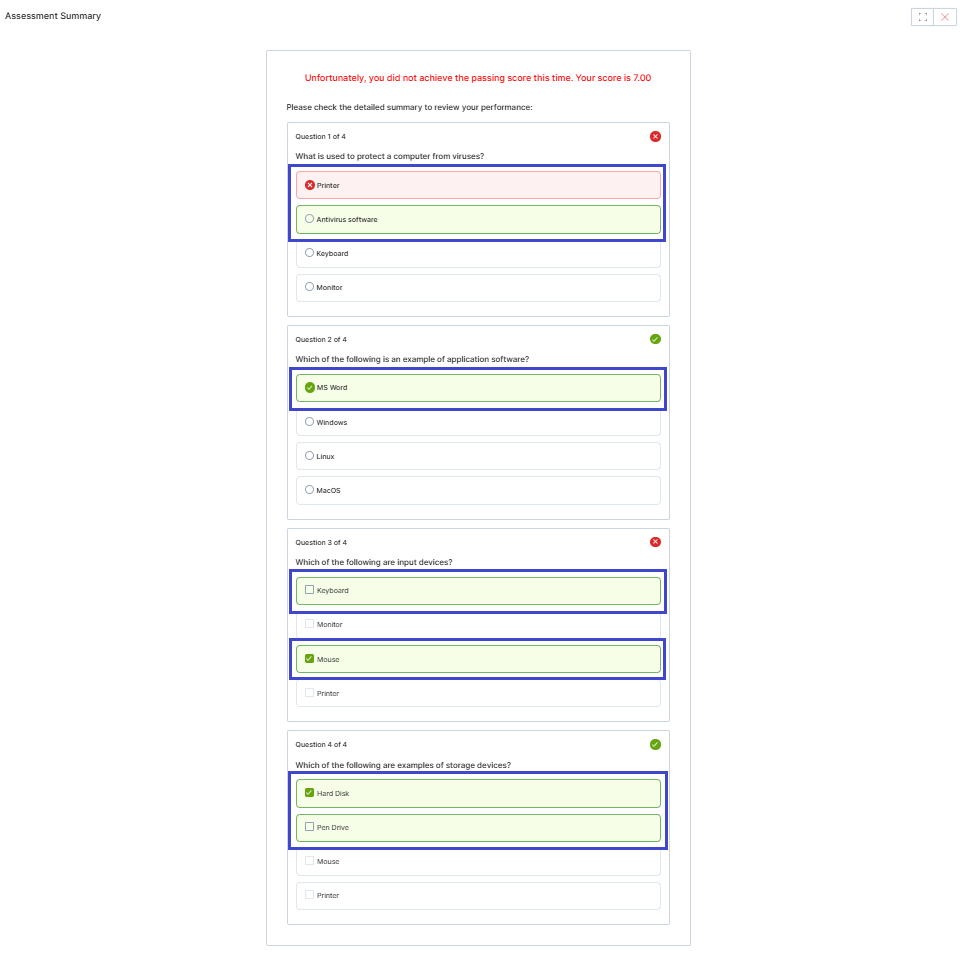 Assessment Summary page showing question-by-question results