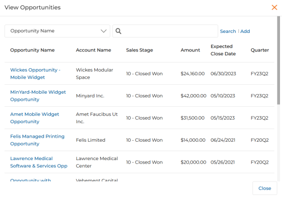 View Opportunities picker dialog