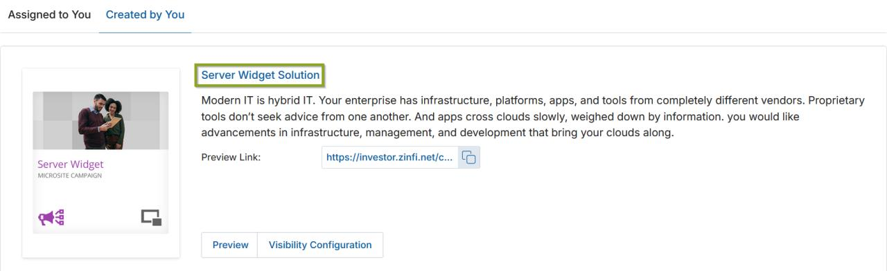 View Microsites — clicking the blue microsite title (Server Widget Solution) to navigate to details