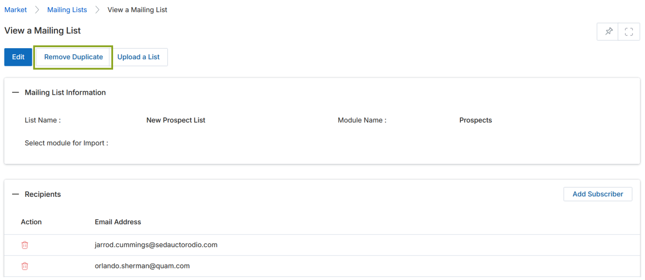 Recipient List popup with search bar, a table showing Company Name, Name, Title, Email, Phone, and Lead Score columns, a selected row highlighted in green, and an Add button at the bottom