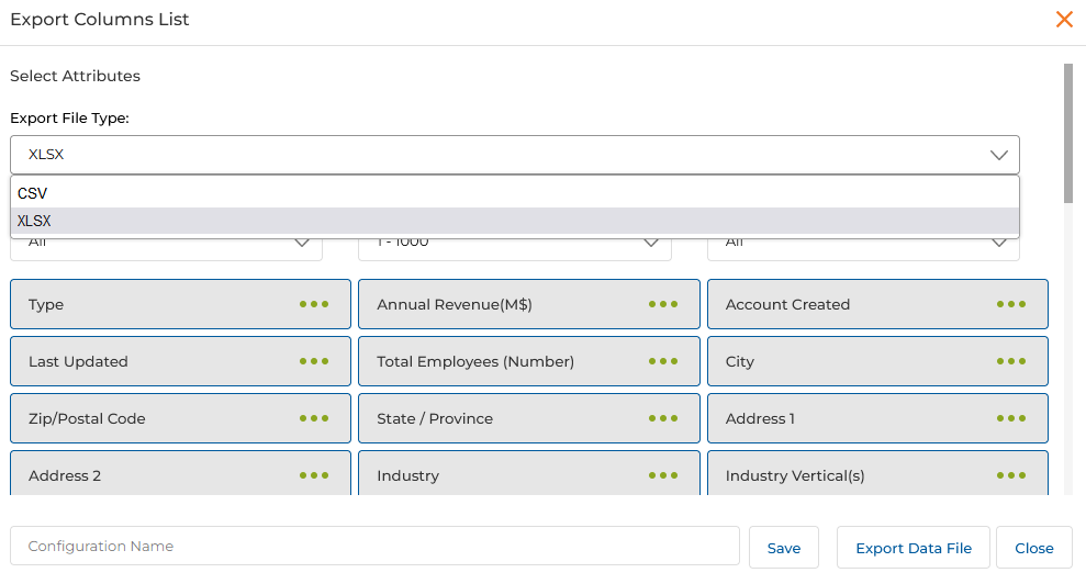 Export Columns List — Record Range (1–1000) dropdown visible when Export Type = All