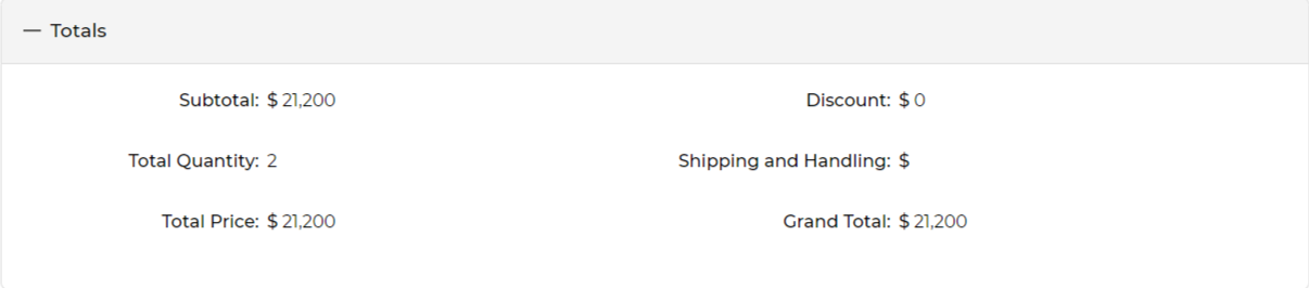 Totals section showing Subtotal, Discount, Total Quantity, Shipping and Handling, Total Price, and Grand Total