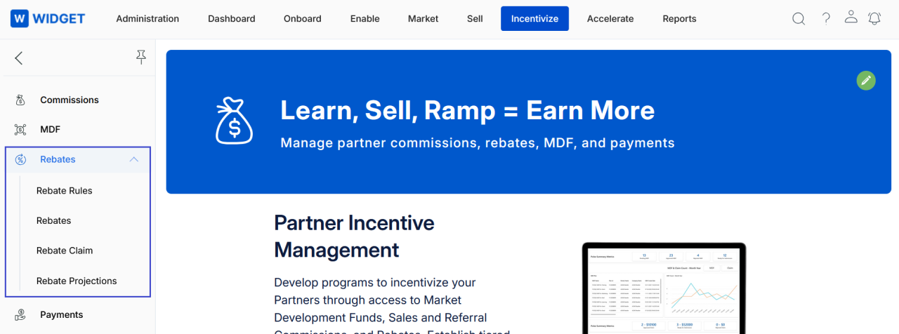 ZINFI UPM with Incentivize selected and Rebates expanded in the left menu showing Rebate Rules, Rebates, Rebate Claim, and Rebate Projections sub-items, with Partner Incentive Management landing page