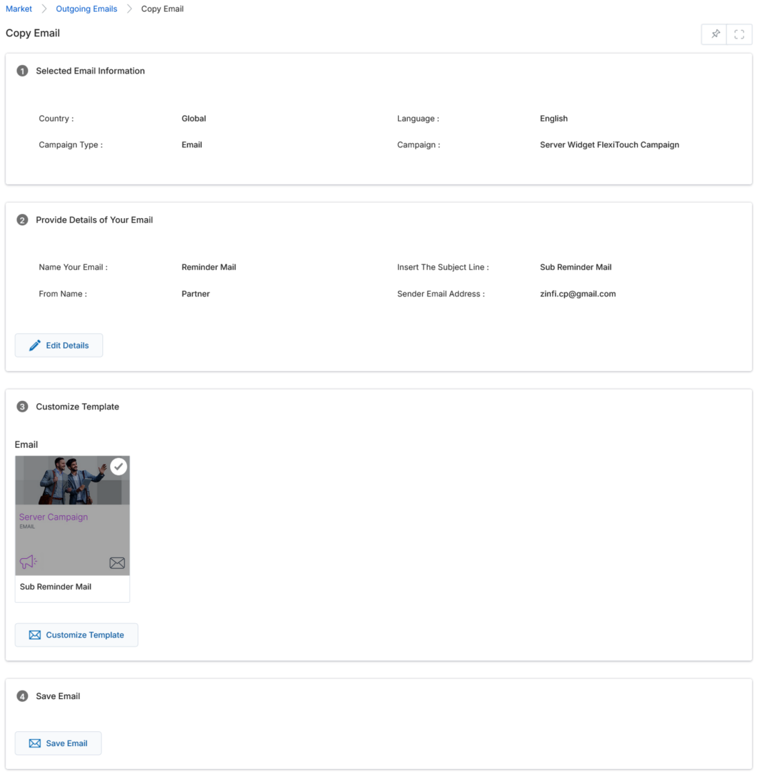 Copy Email page showing four numbered sections: Selected Email Information, Provide Details of Your Email, Customize Template, and Save Email