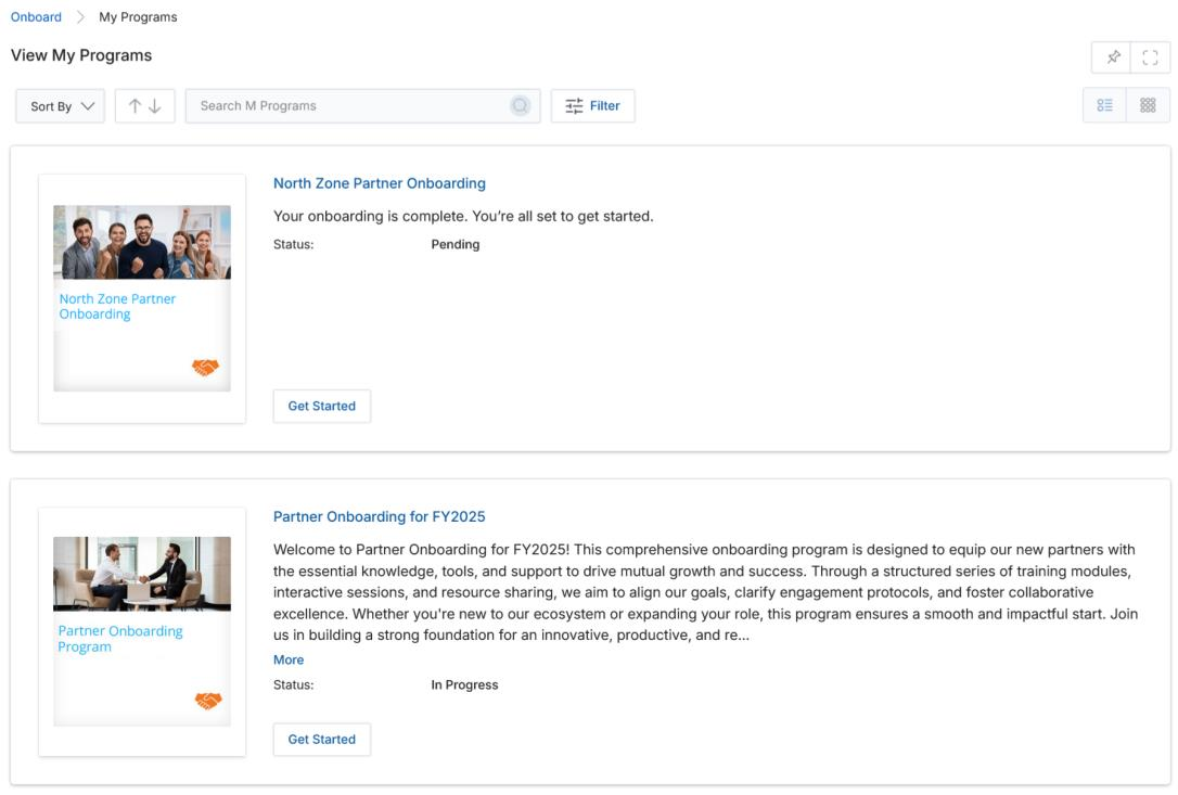 List View — two enrolled programs: North Zone Partner Onboarding (Pending) and Partner Onboarding for FY2025 (In Progress)