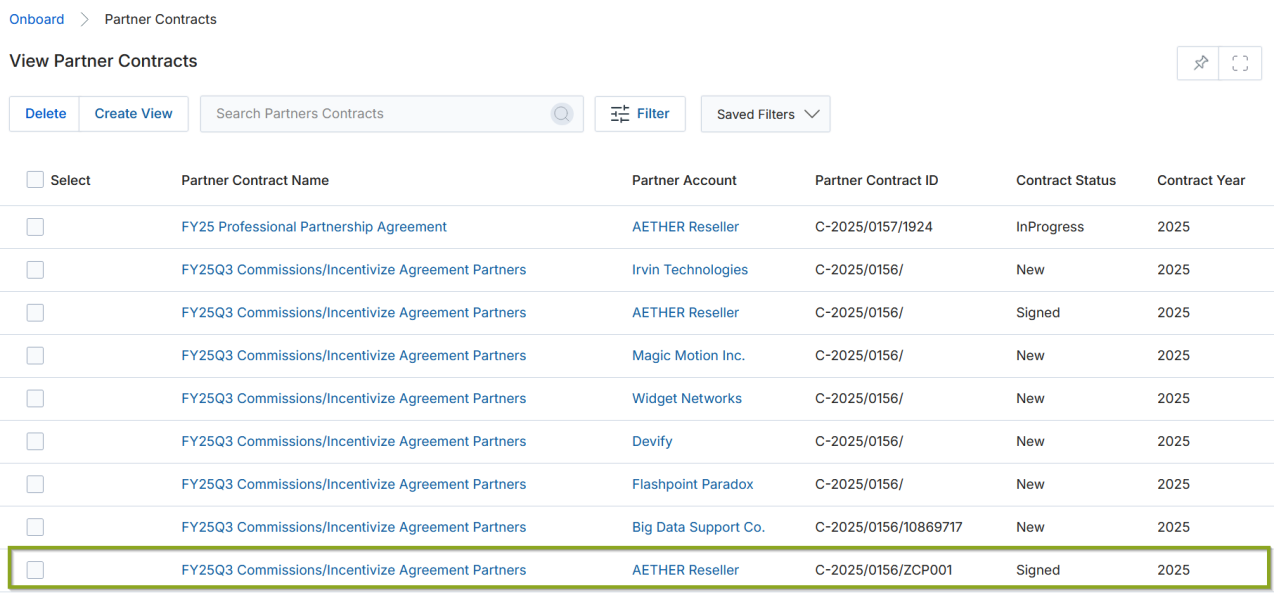 View a Partner Contract (without DocuSign) — Partner Information, Contract Information, and Contract Terms sections showing Signed Contract PDF with Preview