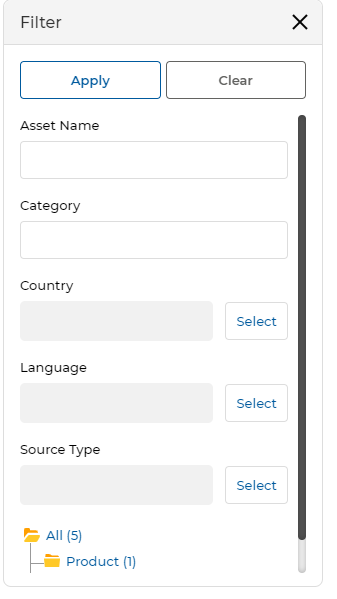 Filter panel showing fields for Asset Name, Category, Country, Language, Source Type with Apply and Clear buttons