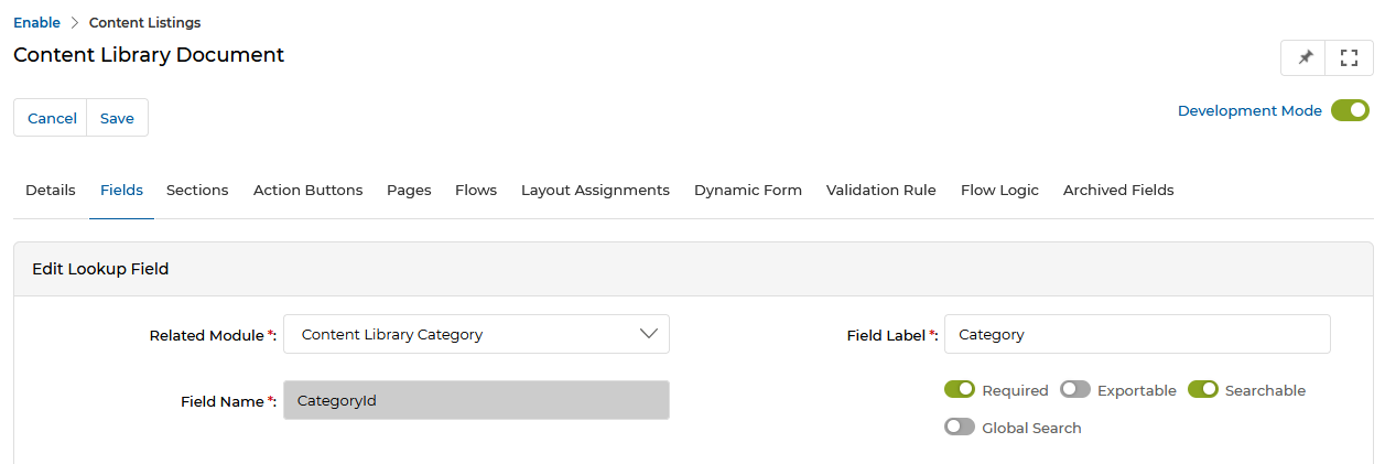 Content Library Document workflow editor showing CategoryId field with Searchable toggle enabled