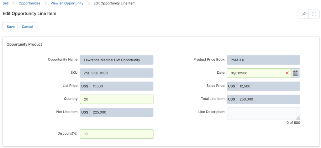 Edit Opportunity Line Item — Quantity increased to 10, Total=250000