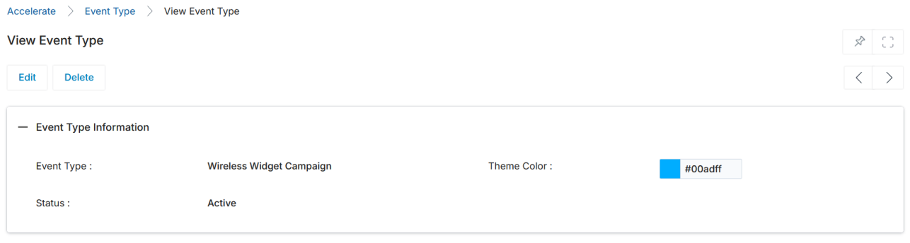 View Event Type detail page showing Wireless Widget Campaign with theme color #00adff and Active status