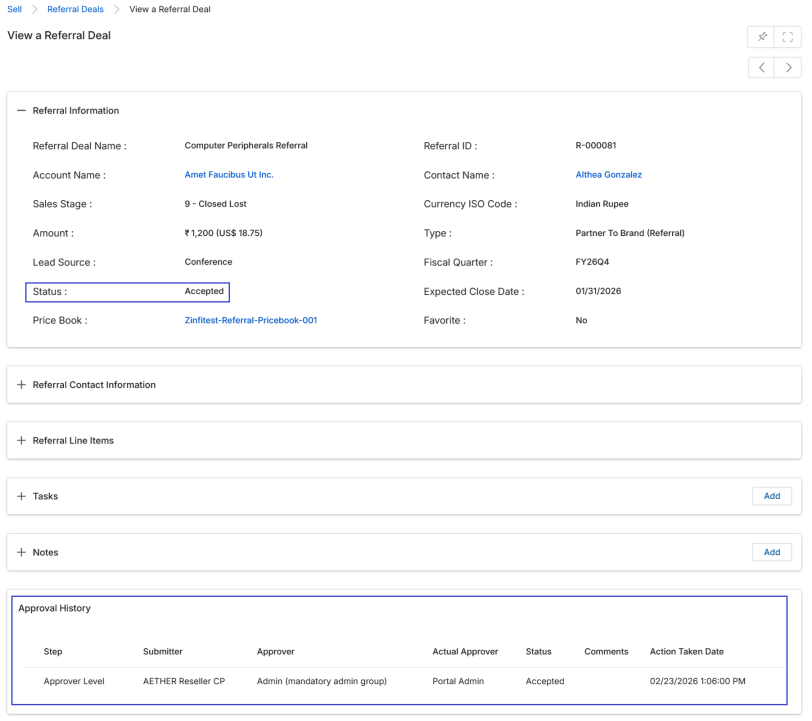 View a Referral Deal showing Status as 'Accepted' with Approval History table at bottom showing Approver Level, Submitter, Approver, Actual Approver, Status Accepted, and Action Taken Date