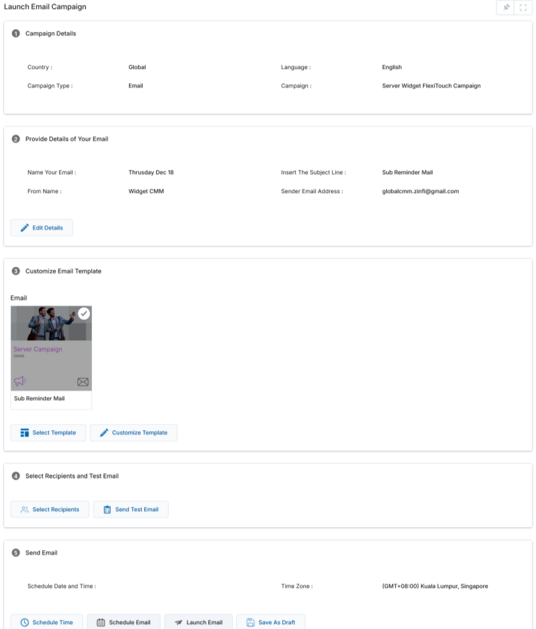 View Outgoing Emails list with a Copied email selected and the Launch button highlighted