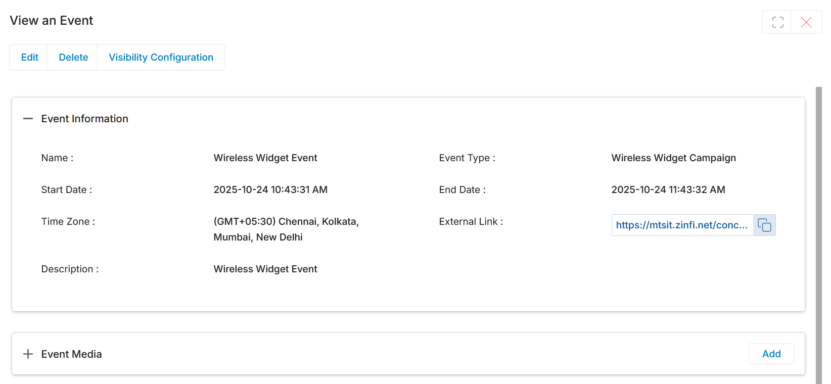 View an Event detail page showing Event Information fields and the Event Media section with an Add button