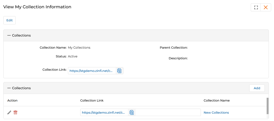 View My Collection Information showing New Collections sub-category in the Collections section with its Collection Link
