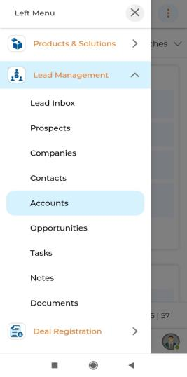 Lead Management sub-menu showing Lead Inbox, Prospects, Companies, Contacts, Accounts, Opportunities, Tasks, Notes, Documents; and View Accounts list