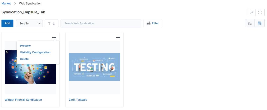 Showcase Thumb View — context menu open showing Preview, Visibility Configuration, and Delete options