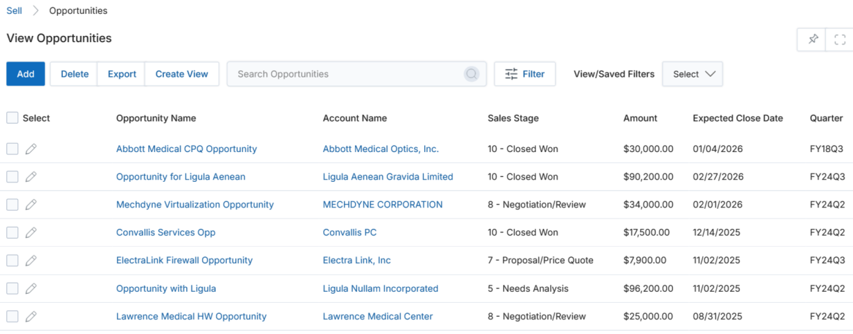 View Opportunities list — Opportunity Name, Account Name, Sales Stage, Amount, Expected Close Date, Quarter