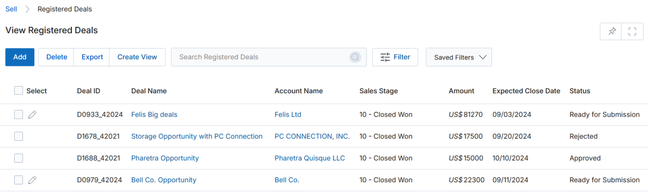View Registered Deals list with column headers: Deal ID, Deal Name, Account Name, Sales Stage, Amount, Expected Close Date, Status