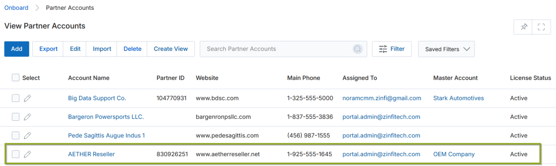 View Partner Accounts listing — account names, Partner IDs, main phone, assigned to, and license status columns