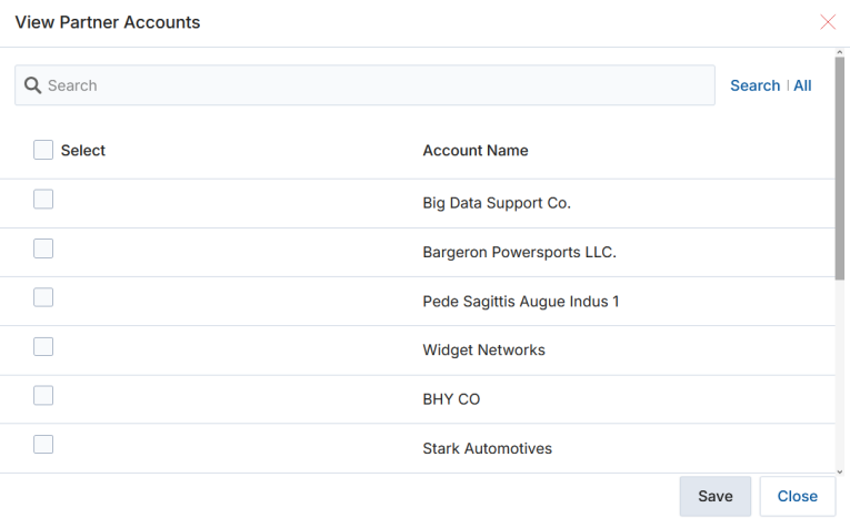 View Partner Accounts popup — searchable list of accounts with checkboxes for assignment
