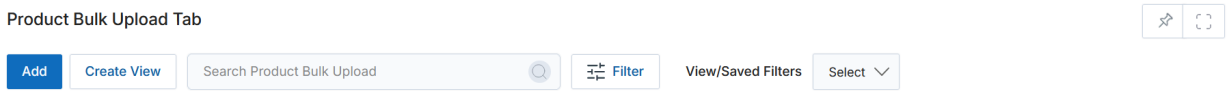 Product Bulk Upload Tab form — Name, Product List upload, Product Zip upload, Status (System Generated)