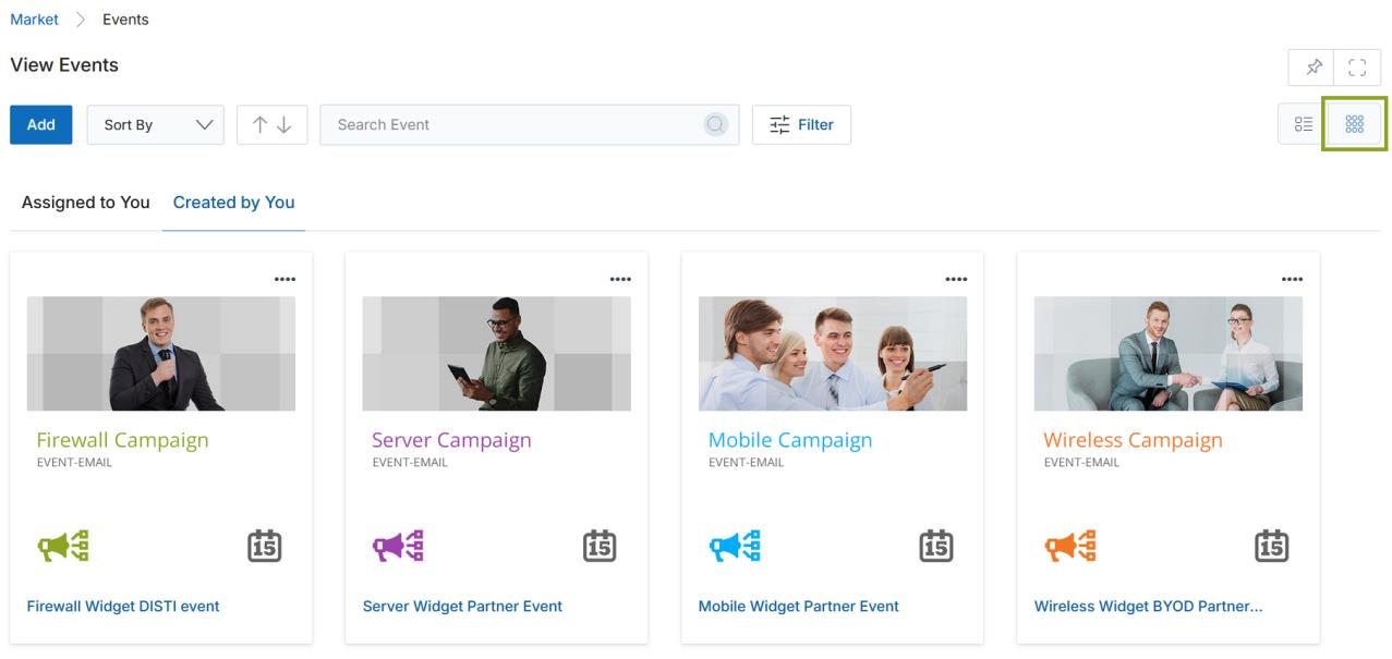 Thumb View mode — four event cards displayed in a grid layout