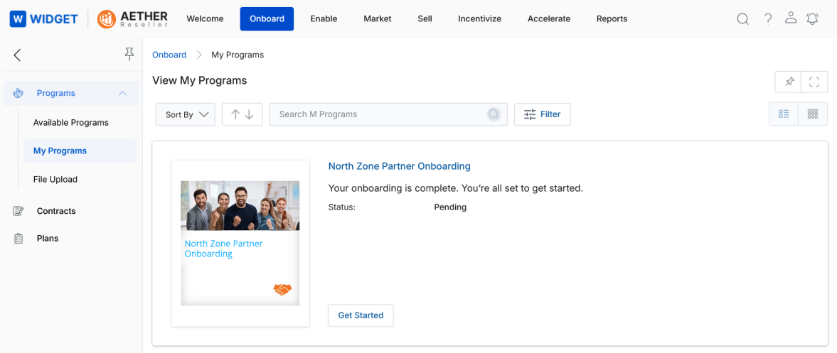 View My Programs — Sort By, Search, Filter toolbar with a single enrolled program and Get Started button