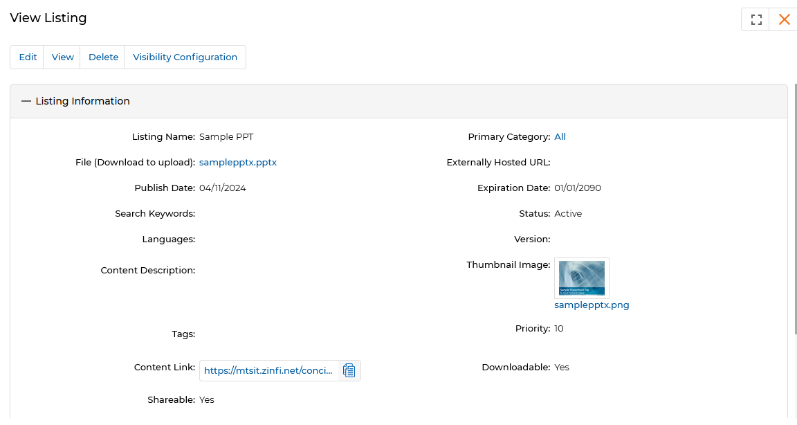 View Listing popup showing Listing Information fields including Listing Name Sample PPT, Status Active, Tags, Content Link, Shareable Yes, Downloadable Yes