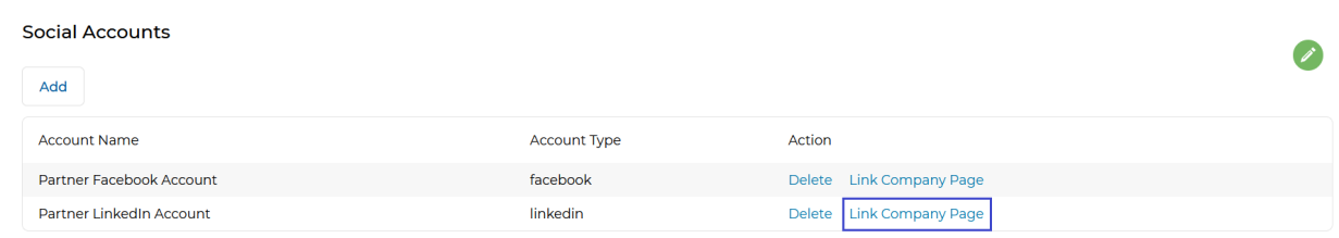Social Accounts list with the Link Company Page action highlighted for the Partner LinkedIn Account row