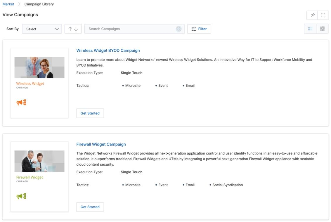 View Campaigns page in List View showing Wireless Widget BYOD Campaign (Single Touch) and Firewall Widget Campaign (Single Touch), each with Tactics listed and a Get Started button