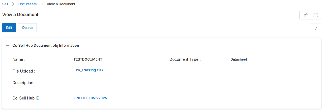 View a Document — Co Sell Hub Document obj Information section showing Name (TESTDOCUMENT), Document Type (Datasheet), File Upload (Link_Tracking.xlsx), Description (empty), Co-Sell Hub ID (ZINFITEST05122025); Edit and Delete buttons at top