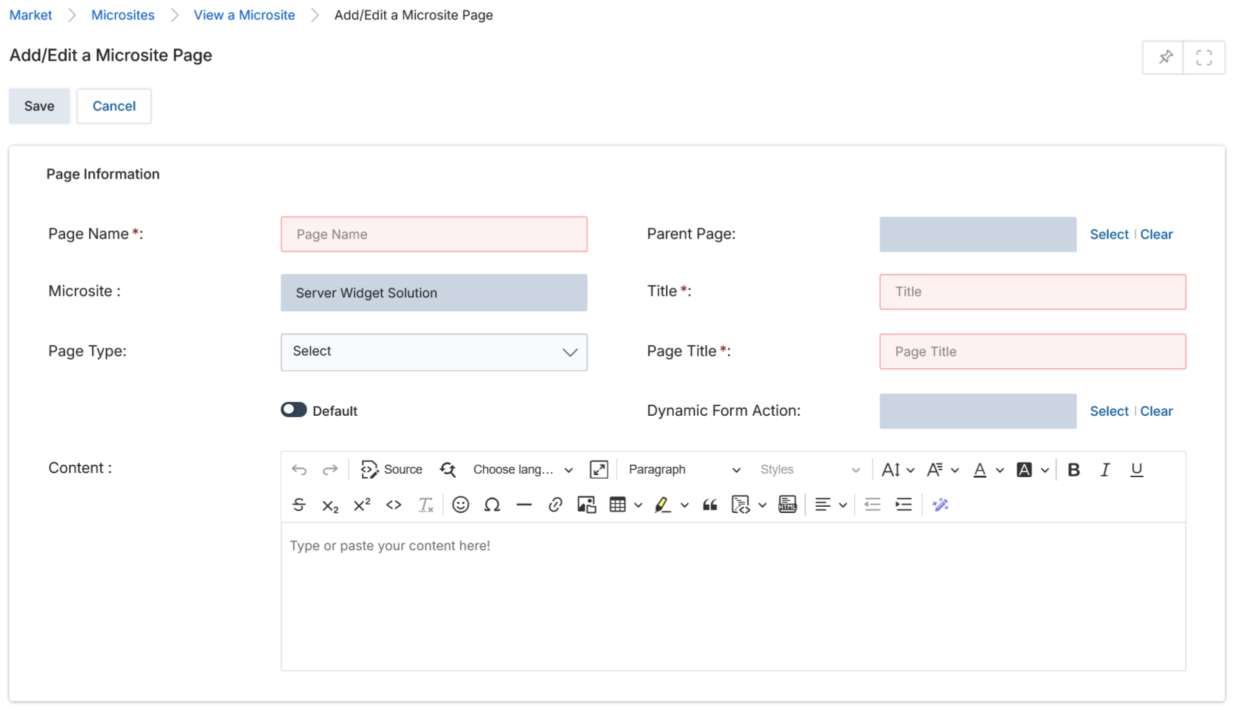 Add/Edit a Microsite Page — form showing Page Name, Parent Page, Microsite, Title, Page Type, Default, Dynamic Form Action, and Content editor