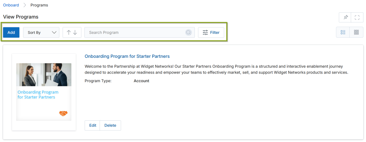 View Programs — list view showing program cards with Edit and Delete actions