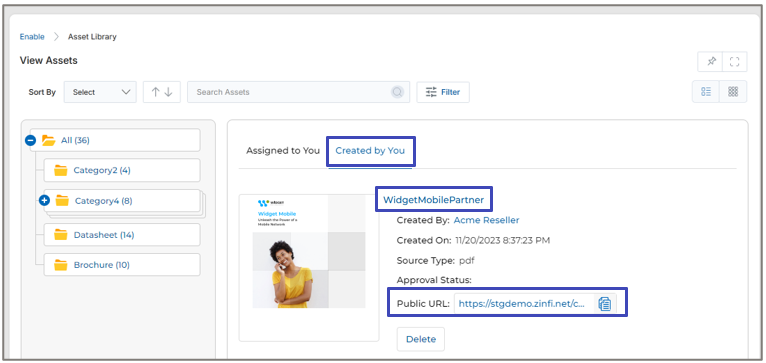 Created by You tab showing WidgetMobilePartner asset with Public URL field and Delete button