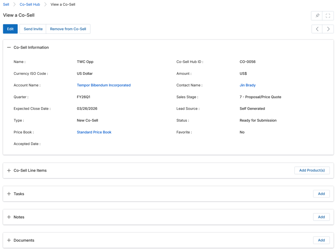 View a Co-Sell details page — Co-Sell Information section with all fields and related lists