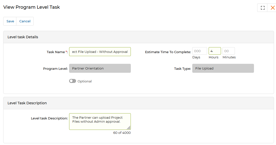 Program Level Task section — two File Upload tasks: Needs Approval and Without Approval