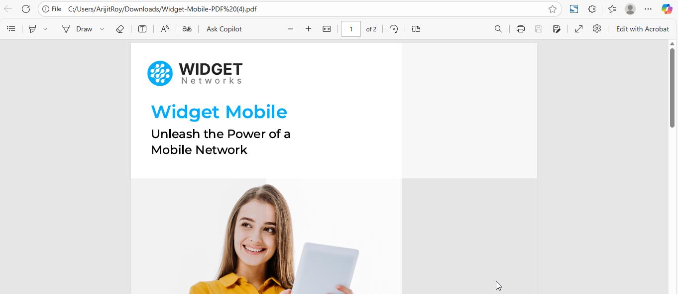 Document preview popup showing first page of Widget Mobile Networks PDF with Download and Share buttons