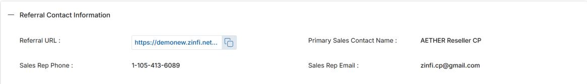 Referral Contact Information section — Referral URL, Primary Sales Contact Name, Sales Rep Phone, Sales Rep Email fields
