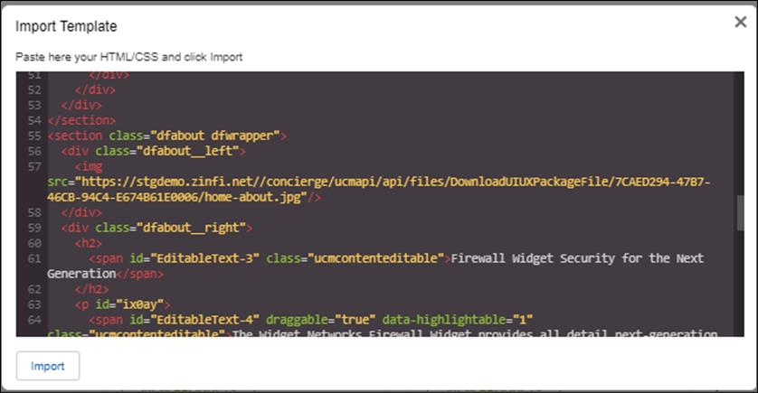 CMS Editor — rendered Showcase showing product cards: Firewall Widget Security, Firewall Widget Server, Firewall Widget Routers with VIEW PRODUCTS buttons