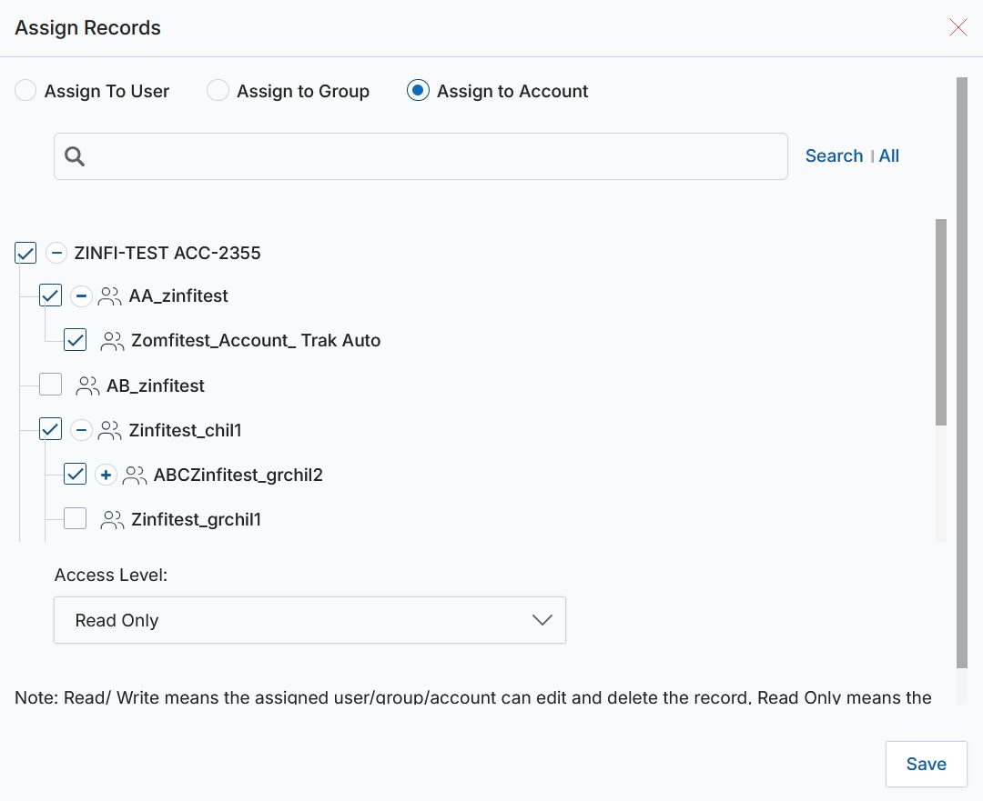 Assign Records modal — hierarchical account view