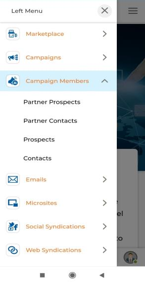 Campaign Members Contacts sub-menu and View Contacts Campaign Members list showing Campaign, Campaign Type, Contact, Title, Phone, Email, Status