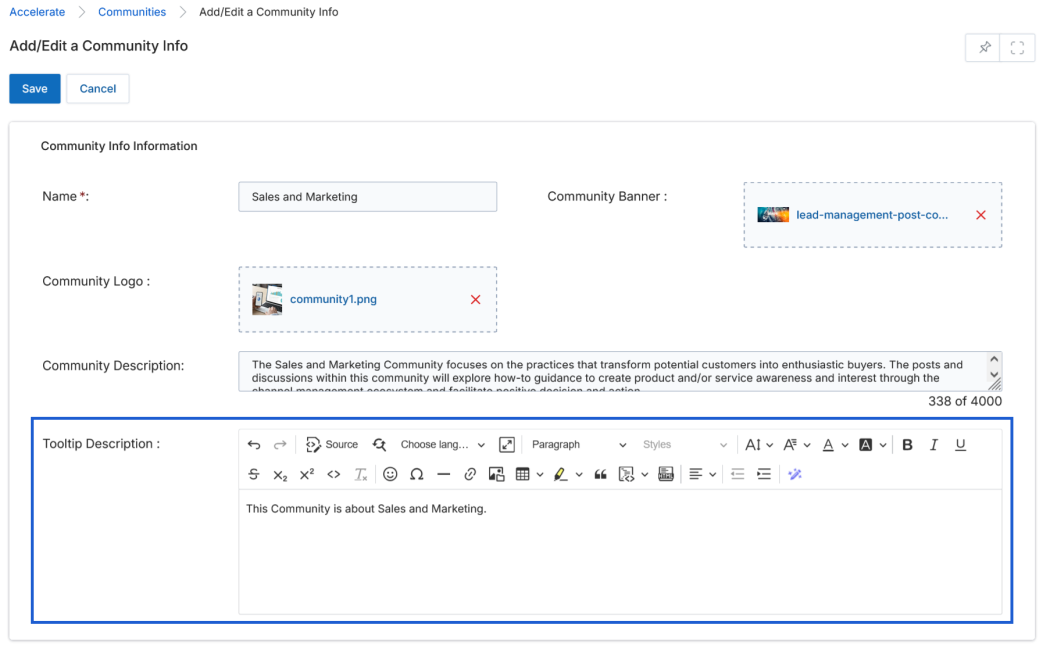 Add/Edit a Community Info form showing Name, Community Banner, Community Logo, Community Description, and Tooltip Description fields filled in