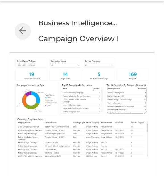 Campaign Overview Business Intelligence Report showing 19 campaigns executed, campaign executed by type donut chart, top 10 campaigns by execution and prospect generated